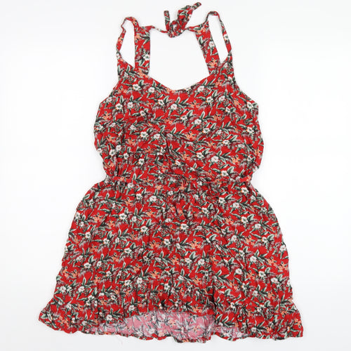 Oasis Womens Red Floral Viscose A-Line Size M V-Neck Pullover