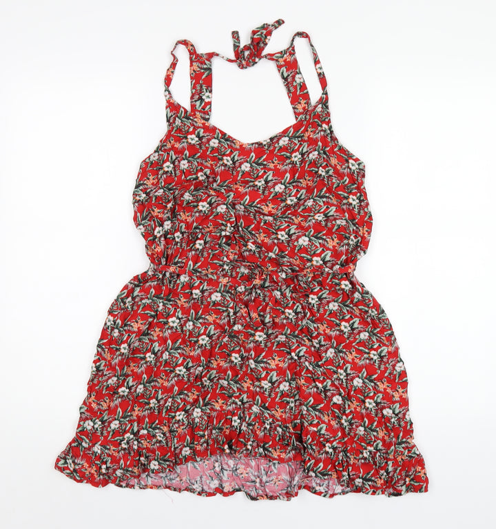 Oasis Womens Red Floral Viscose A-Line Size M V-Neck Pullover