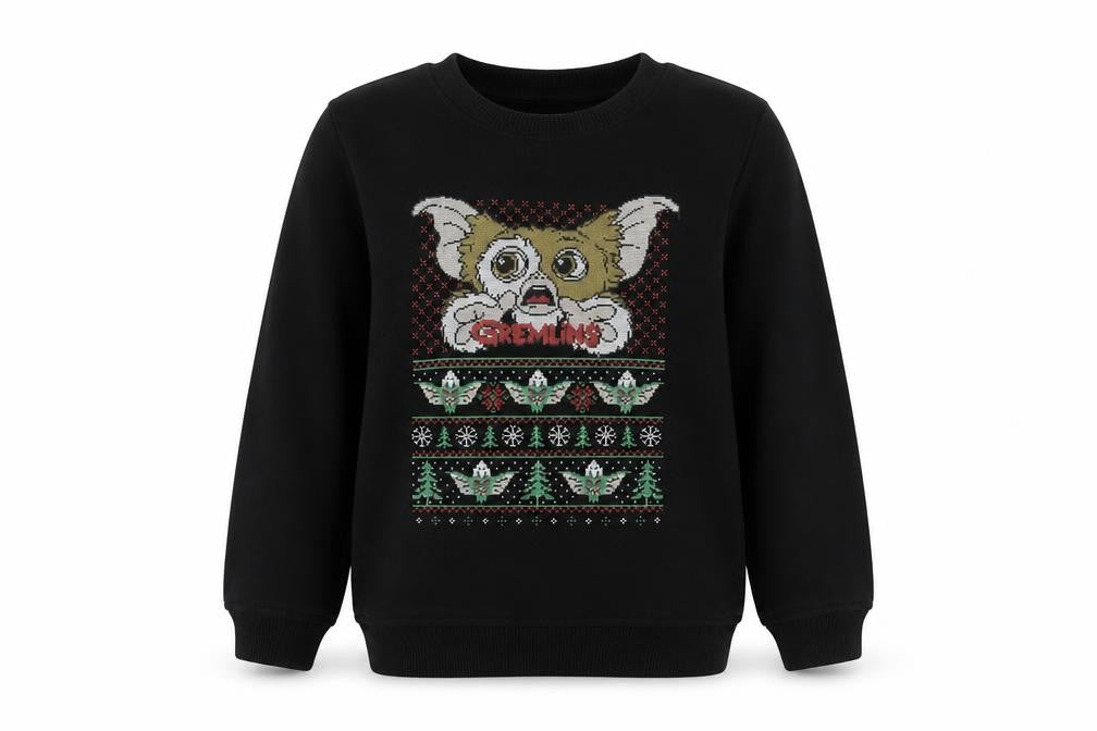 Front view of Gremlins boys’ black cotton pullover sweatshirt, size 9-10, years pullover - logo