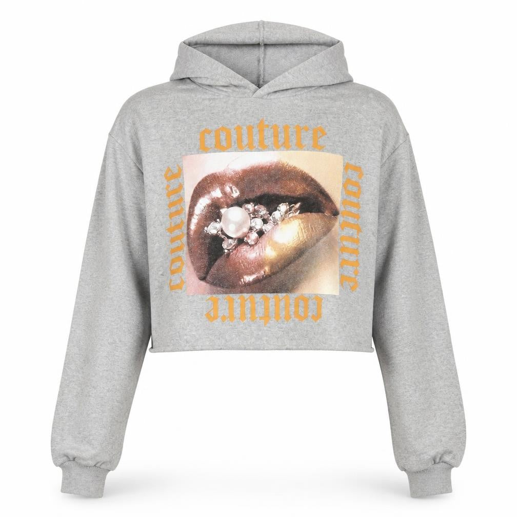 Front view of Stylewise women’s grey polyester pullover sweatshirt, size M, pullover - couture lips cropped, size M/l