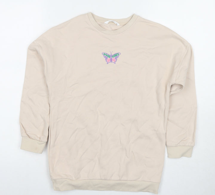 Marks and Spencer Girls Beige Cotton Pullover Hoodie Size 9-10 Years Zip - Butterfly