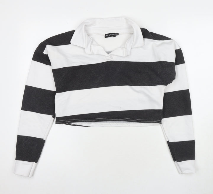 PRETTYLITTLETHING Womens White Striped Polyester Pullover Sweatshirt Size 10 Pullover