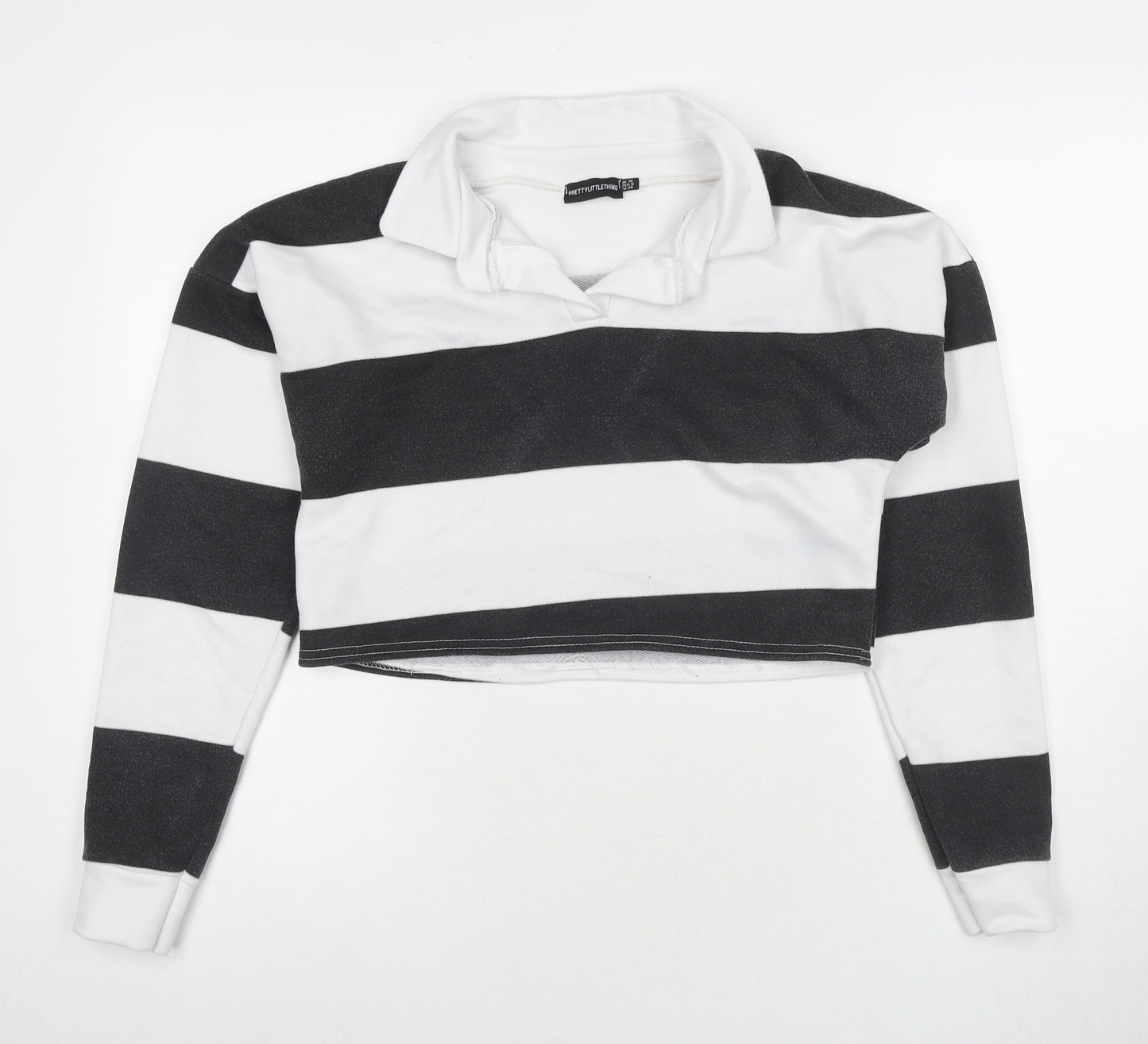 PRETTYLITTLETHING Womens White Striped Polyester Pullover Sweatshirt Size 10 Pullover