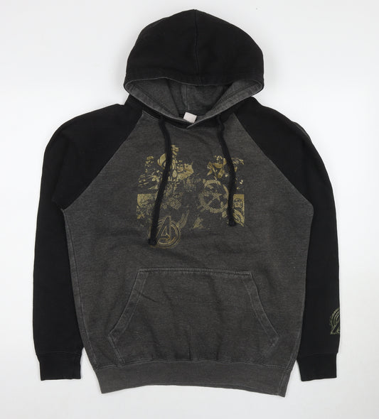 Front view of Universal Studios Monsters men’s grey cotton pullover hoodie, size M, - avengers