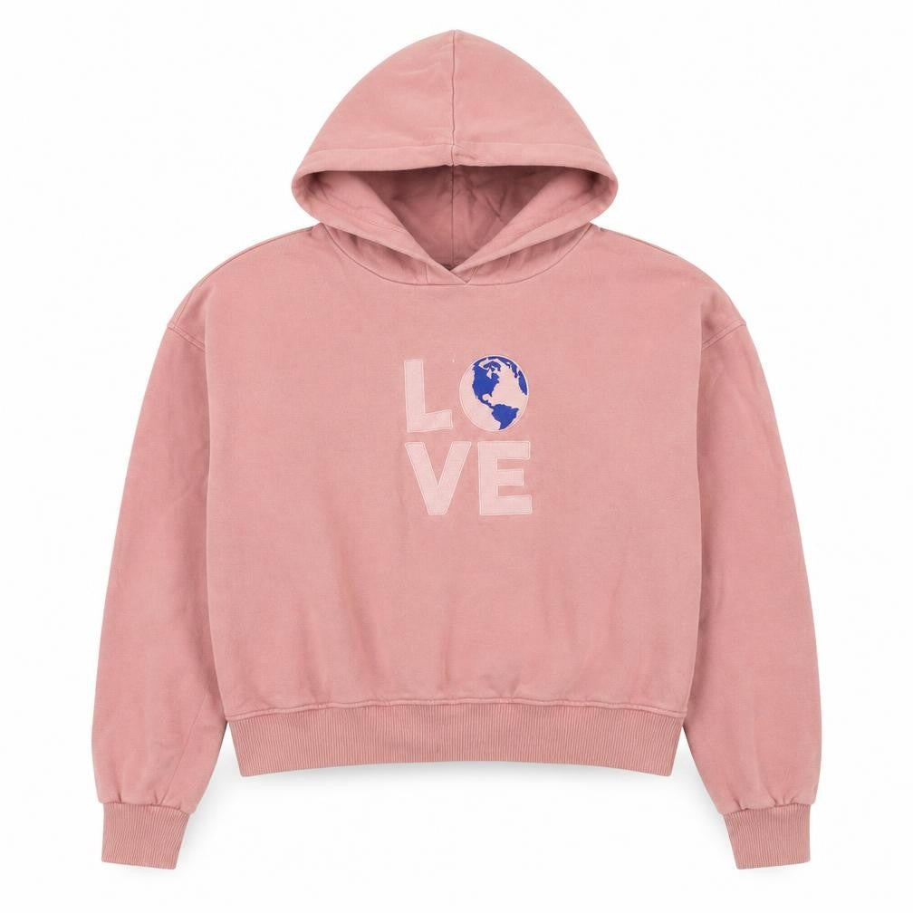 Front view of Bershka women’s pink cotton pullover sweatshirt, size S, pullover - love