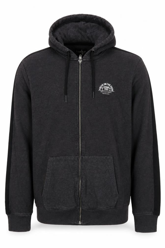 Front view of Threadcare men’s grey cotton full zip hoodie, size L