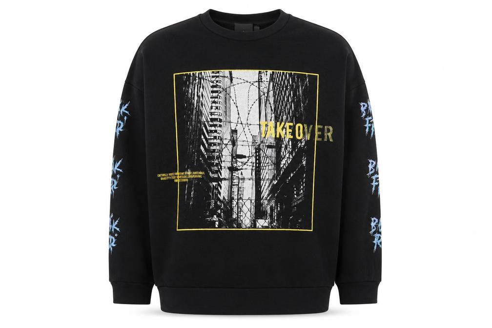 Front view of ASOS men’s black cotton pullover sweatshirt, size S, - takeover