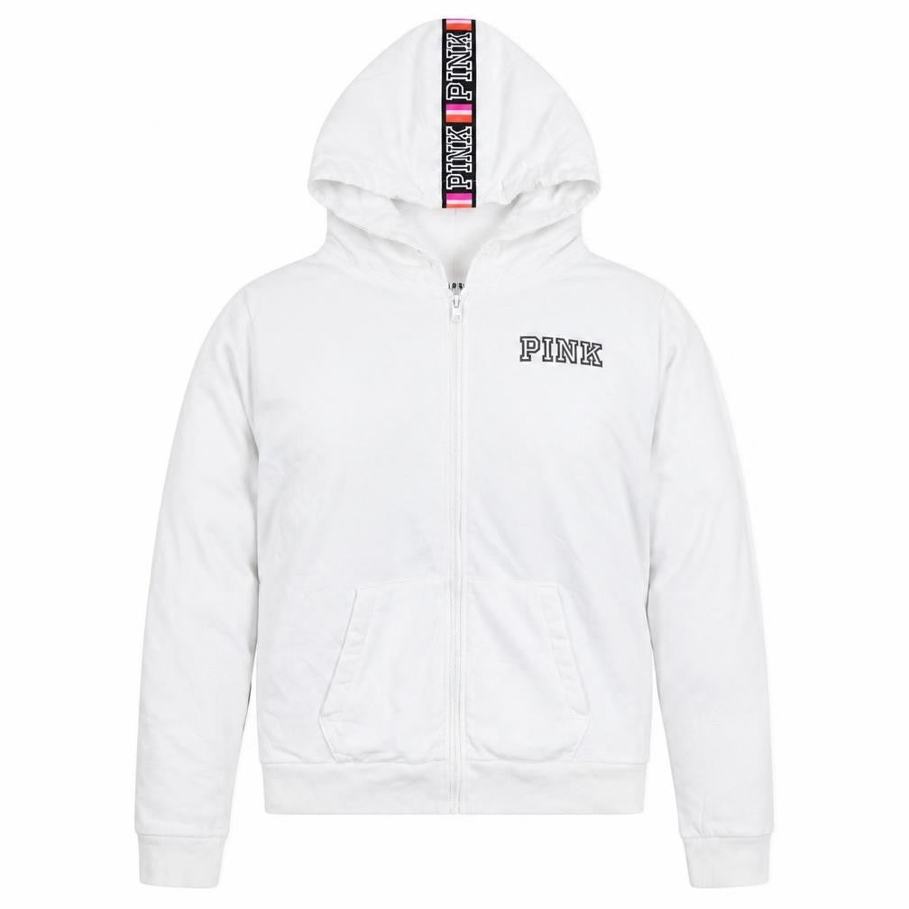 Front view of PINK women’s white cotton pullover sweatshirt, size L, pullover