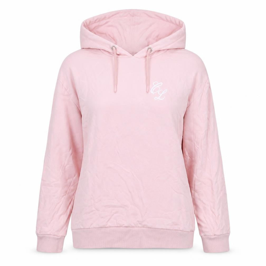 Front view of Closure women’s pink cotton pullover hoodie, size UK 8, pullover