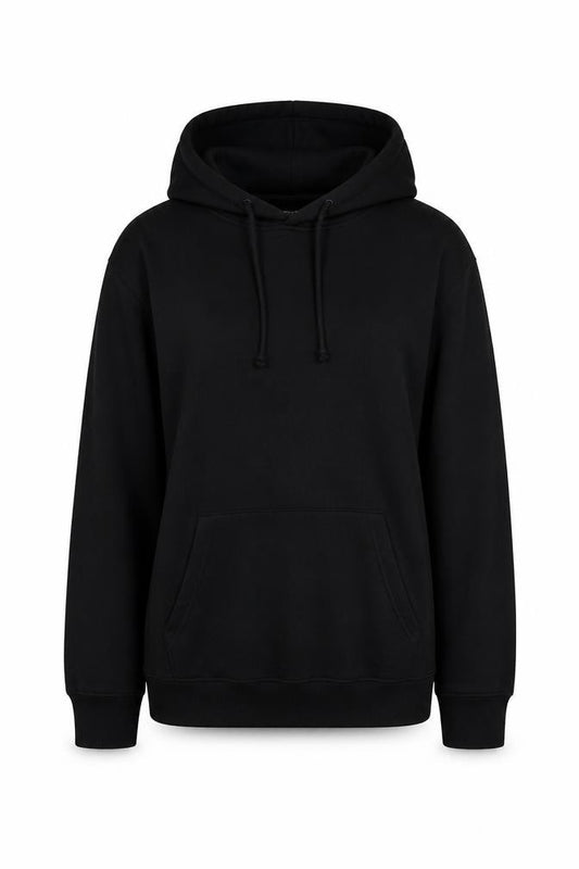 Front view of PRETTYLITTLETHING women’s black cotton pullover hoodie, size M, zip