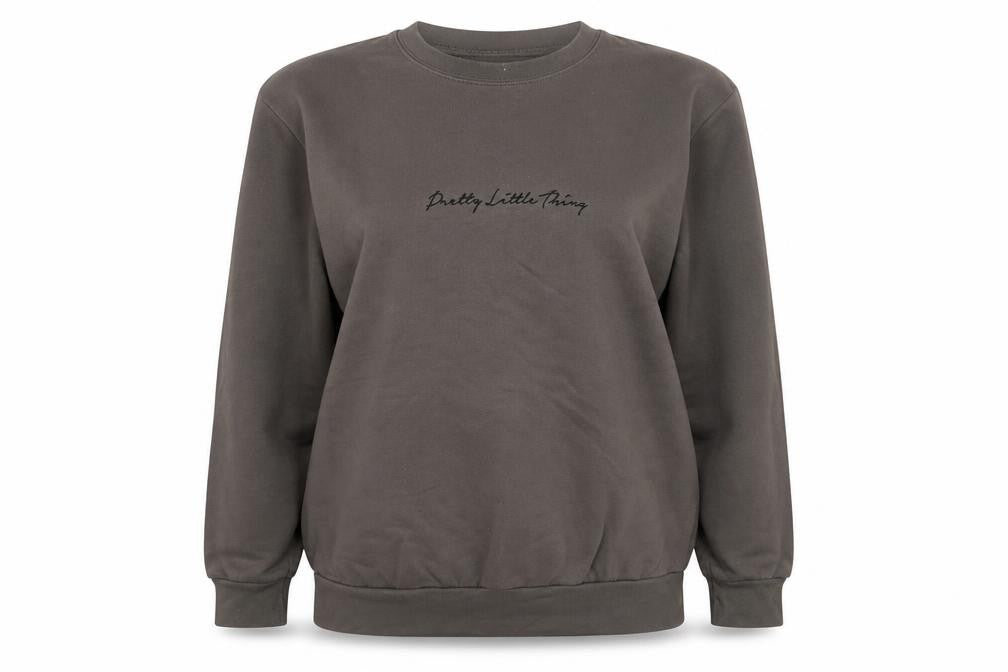 Front view of PRETTYLITTLETHING women’s beige cotton pullover sweatshirt, size S, pullover