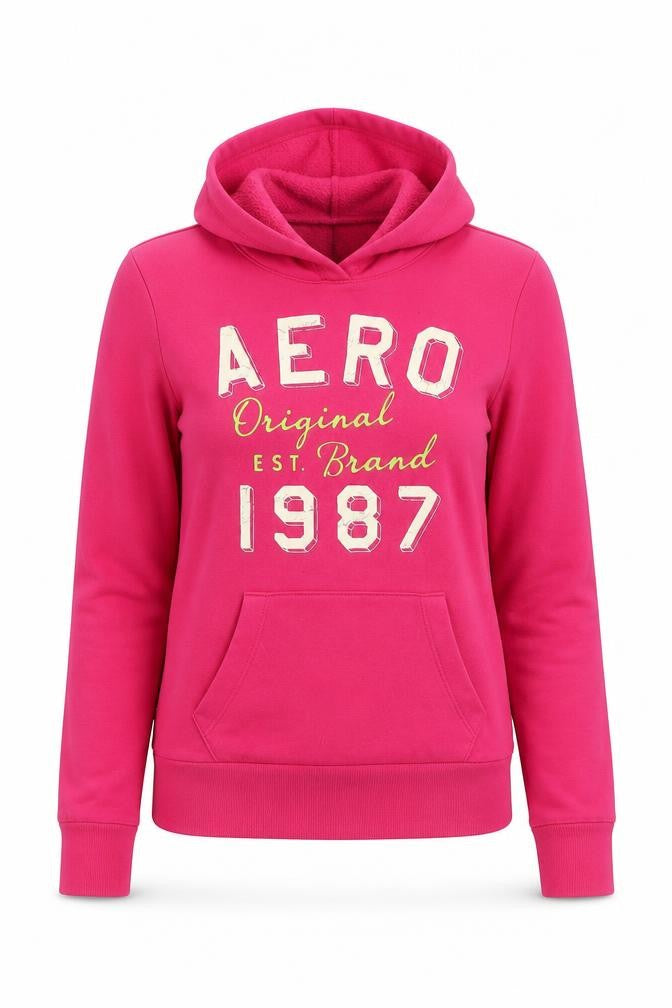 Front view of Aerosoles women’s pink cotton pullover hoodie, size S, pullover - logo 1987