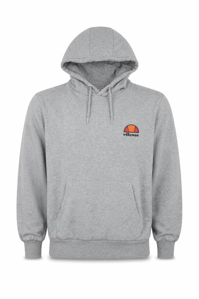 Front view of Ellesse men’s grey cotton pullover hoodie, size M