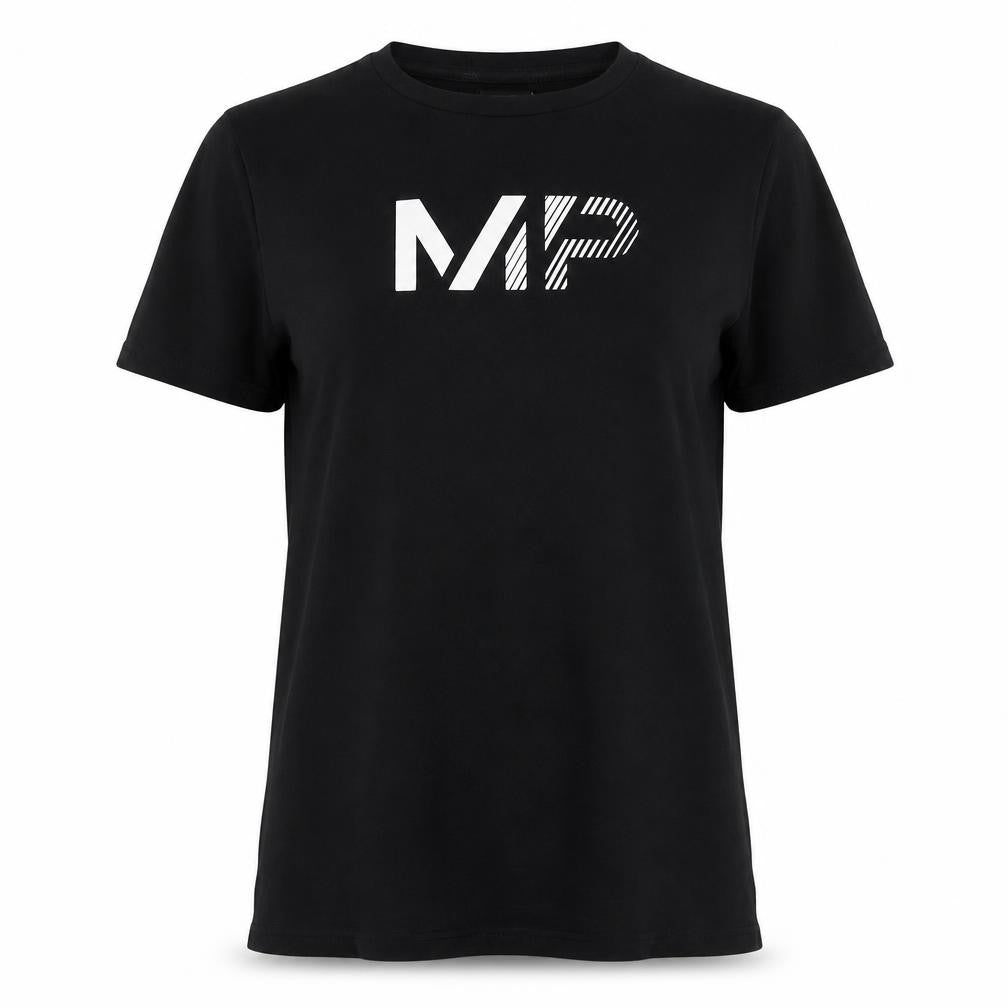 Front view of Myprotein women’s black 100% cotton basic t-shirt, size M, round neck
