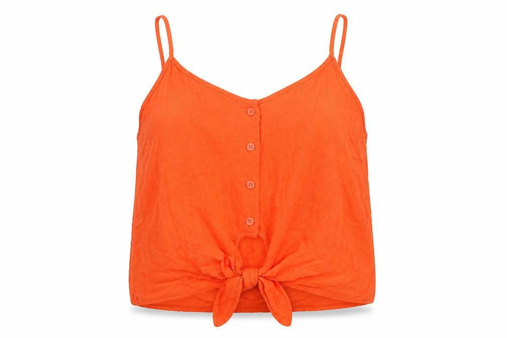 Front view of Topshop women’s red linen basic t-shirt, size UK 10, v-neck