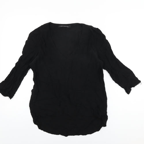 Zara Womens Black Viscose Basic T-Shirt Size S V-Neck