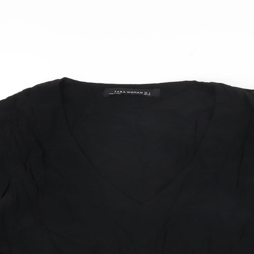 Zara Womens Black Viscose Basic T-Shirt Size S V-Neck
