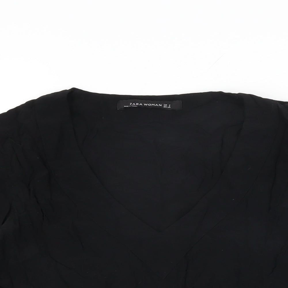 Zara Womens Black Viscose Basic T-Shirt Size S V-Neck