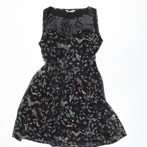 Dorothy Perkins Womens Black Floral Polyester Skater Dress Size 10 Round Neck Zip