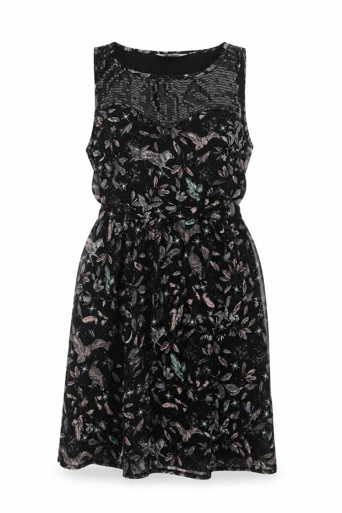 Dorothy Perkins Womens Black Floral Polyester Skater Dress Size 10 Round Neck Zip