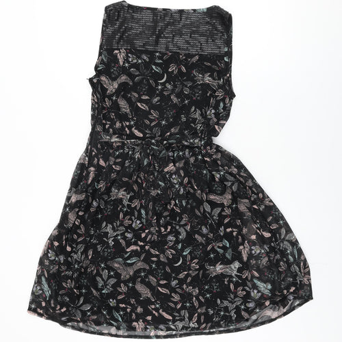 Dorothy Perkins Womens Black Floral Polyester Skater Dress Size 10 Round Neck Zip