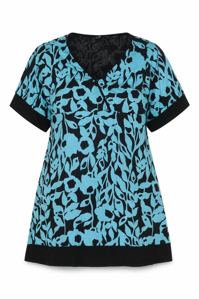 Front view of South women’s black geometric viscose basic t-shirt, size UK 18, v-neck