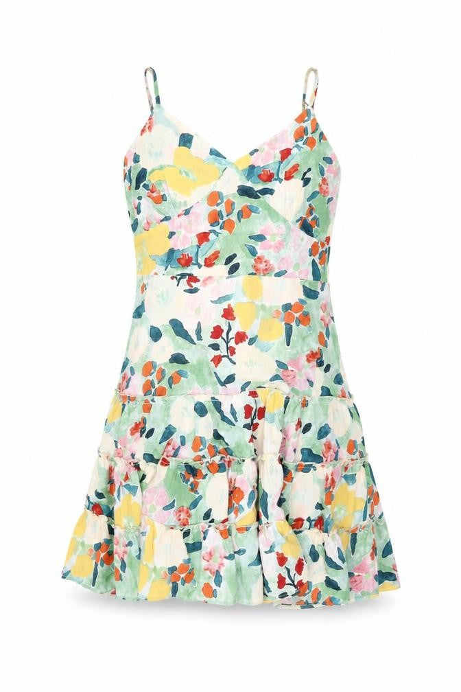 Front view of QED London women’s multicoloured floral polyester shift, size UK 10, v-neck zip
