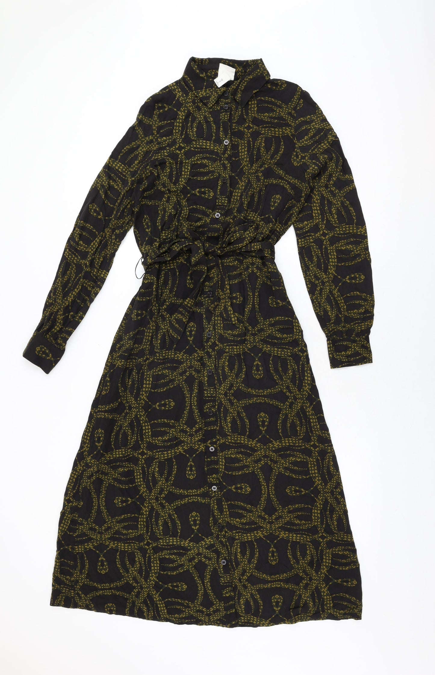 H&M Womens Black Geometric Viscose Shirt Dress Size 4 Collared Button
