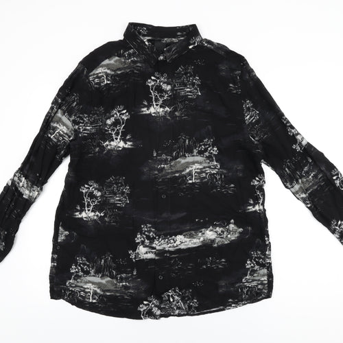 H&M Mens Black Geometric Viscose Button-Up Size L Collared Button