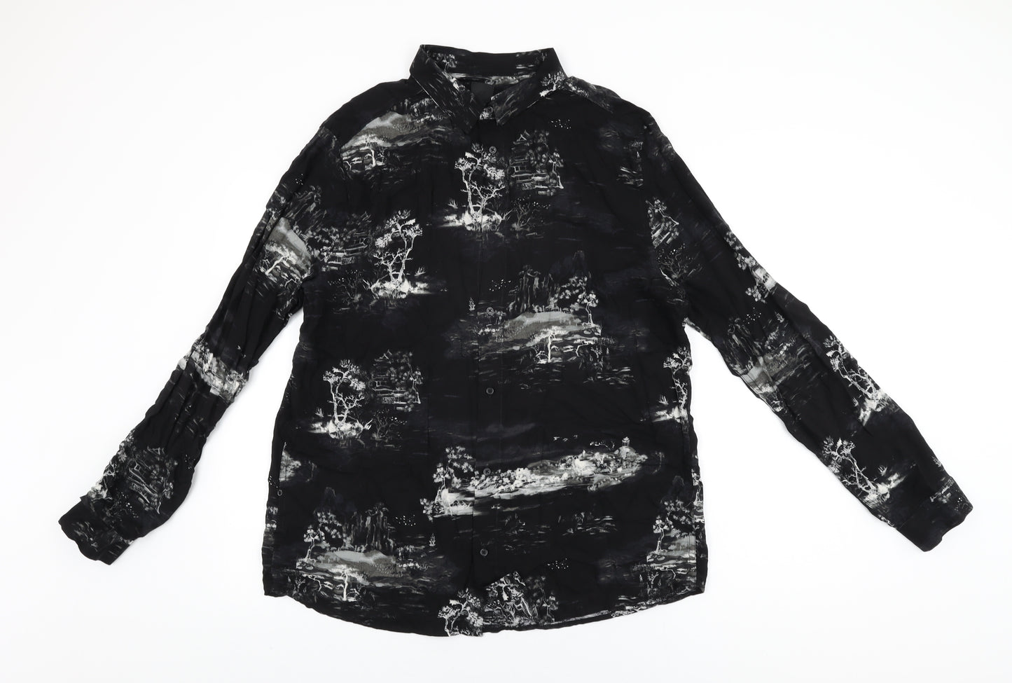 H&M Mens Black Geometric Viscose Button-Up Size L Collared Button