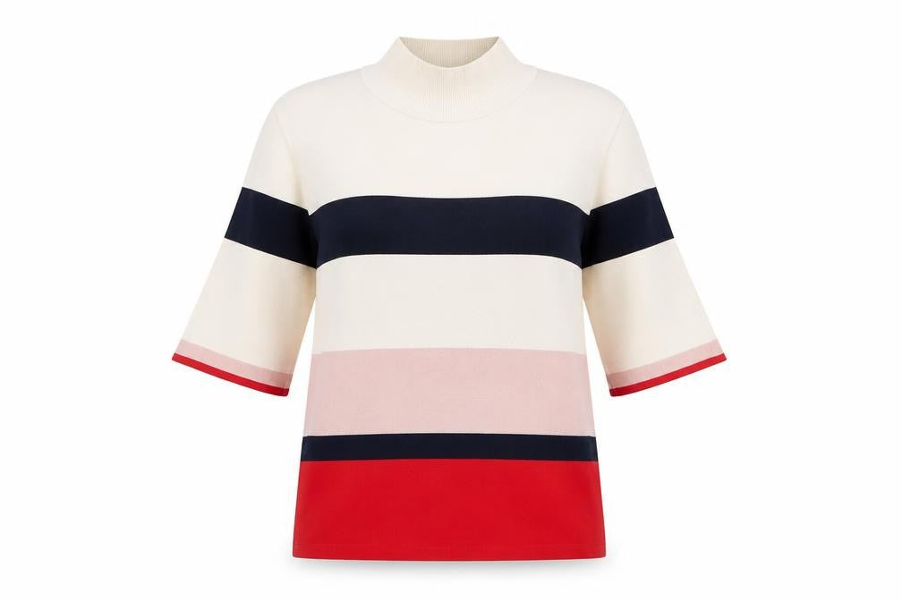 Front view of Next women’s ivory geometric nylon basic t-shirt, size UK 12, high neck