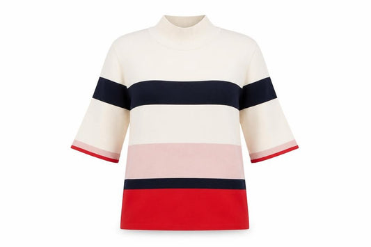 Front view of Next women’s ivory geometric nylon basic t-shirt, size UK 12, high neck