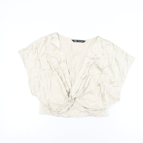 Zara Womens Beige Polyester Cropped Blouse Size L V-Neck