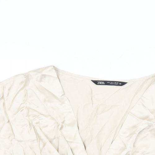 Zara Womens Beige Polyester Cropped Blouse Size L V-Neck
