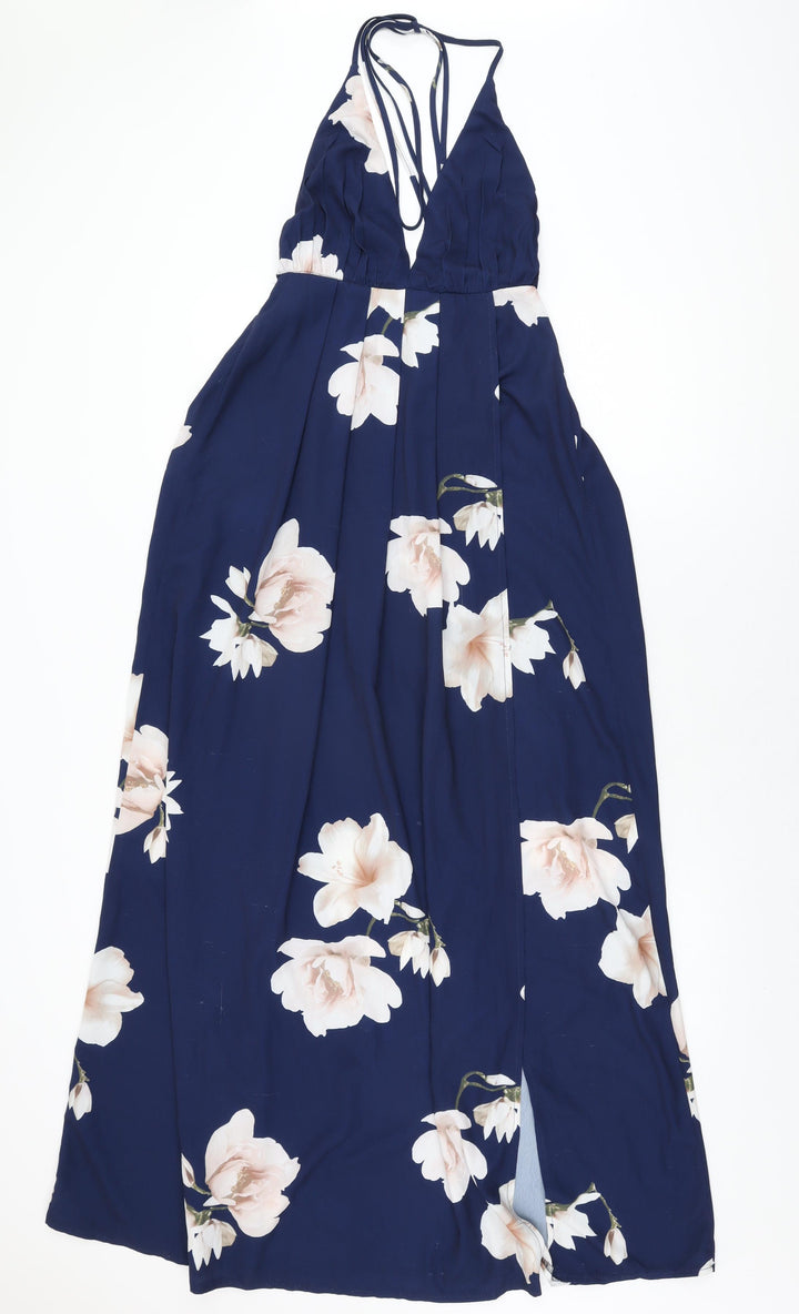 Showpo Womens Blue Floral Polyester Maxi Size 8 Halter Tie