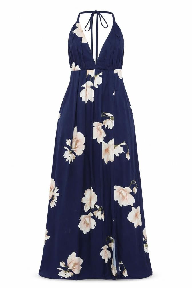 Front view of Showpo women’s blue floral polyester maxi, size UK 8, halter tie