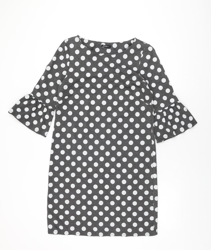 Roman Womens Grey Polka Dot Polyester Shift Size 12 Round Neck Pullover