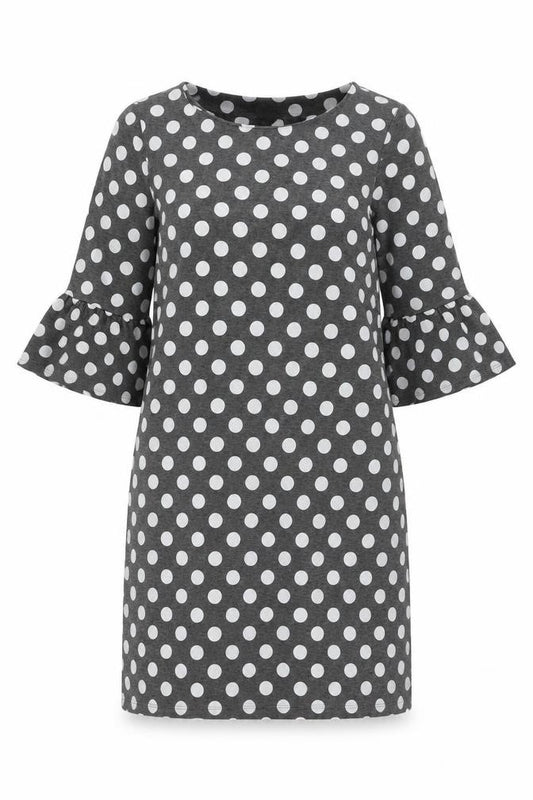 Front view of Roman women’s grey polka dot polyester shift, size UK 12, round neck pullover