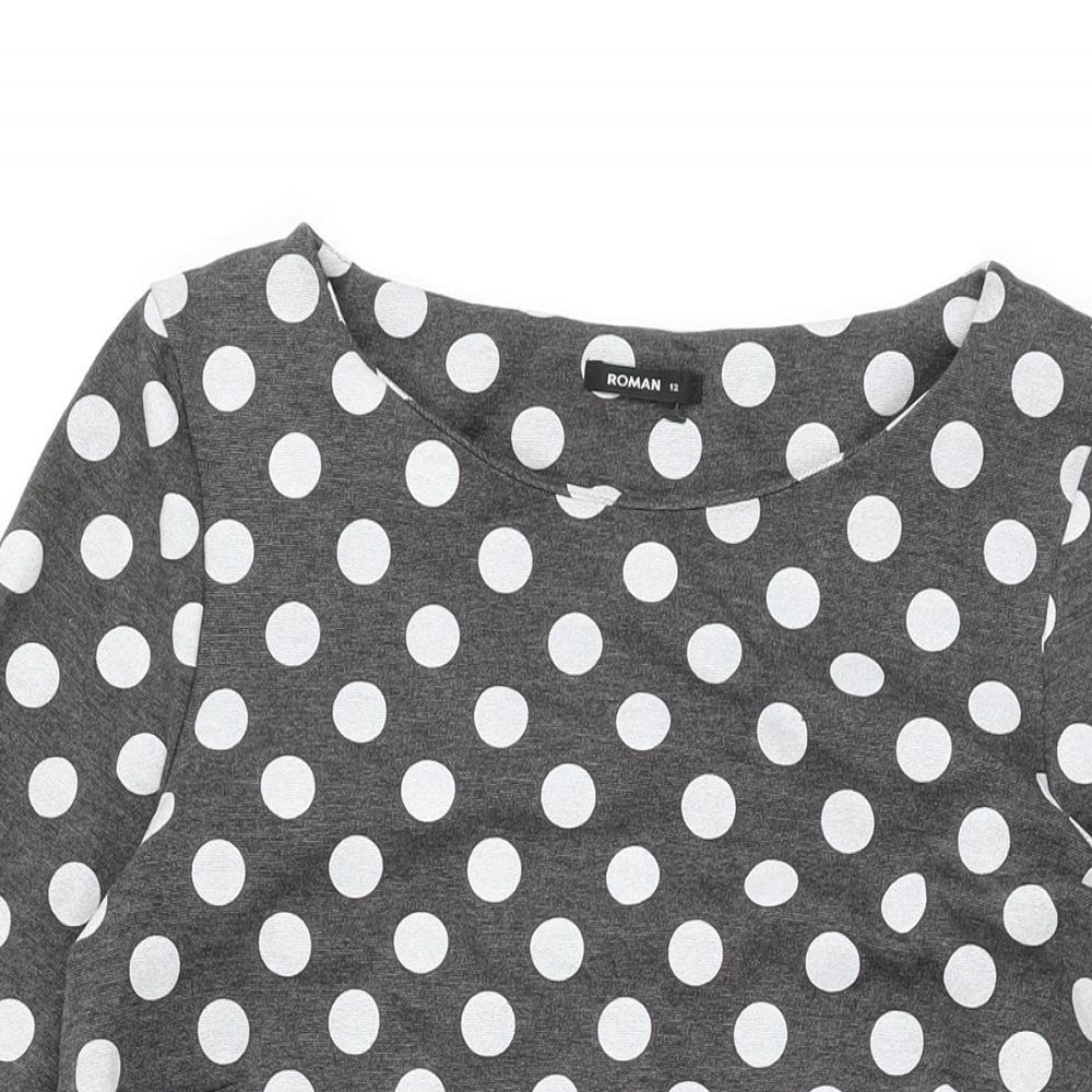 Roman Womens Grey Polka Dot Polyester Shift Size 12 Round Neck Pullover