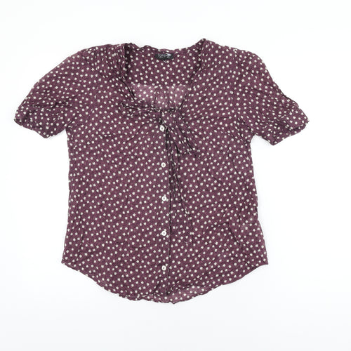 Topshop Womens Purple Floral Cotton Basic Button-Up Size 10 Round Neck