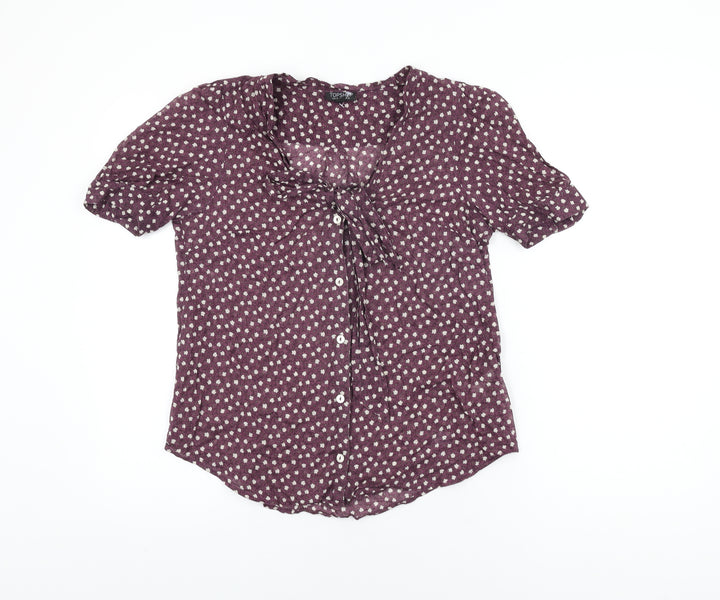 Topshop Womens Purple Floral Cotton Basic Button-Up Size 10 Round Neck