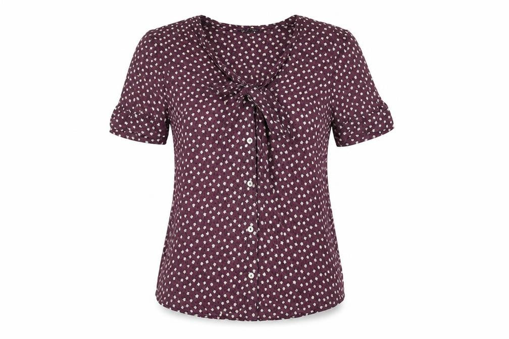 Front view of Topshop women’s purple floral cotton basic button-up, size UK 10, round neck