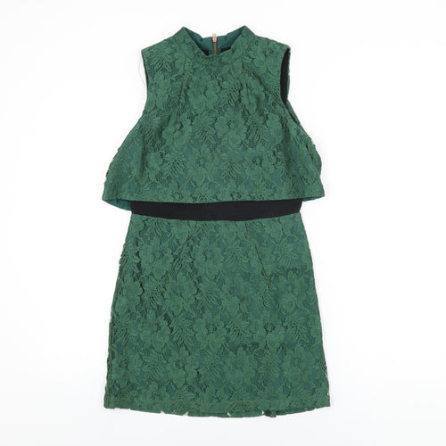 Topshop Womens Green Floral Nylon Mini Size 10 Round Neck Zip