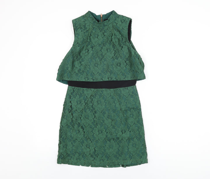 Topshop Womens Green Floral Nylon Mini Size 10 Round Neck Zip