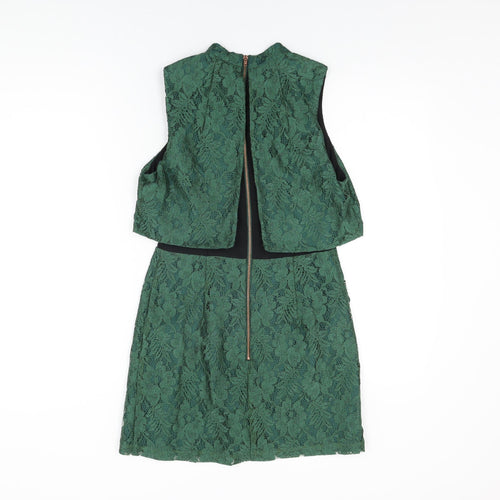 Topshop Womens Green Floral Nylon Mini Size 10 Round Neck Zip