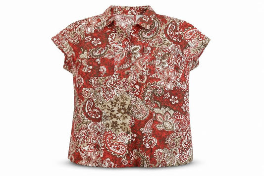 Front view of Villager women’s red floral cotton basic button-up, size UK 16, collared