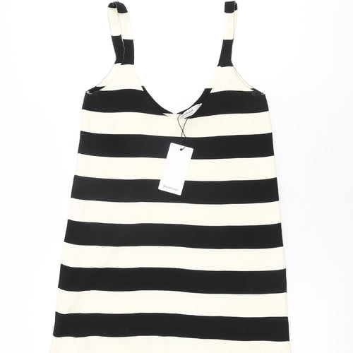 Stradivarius Womens Ivory Striped Polyester Basic T-Shirt Size XS V-Neck