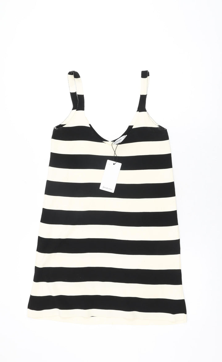 Stradivarius Womens Ivory Striped Polyester Basic T-Shirt Size XS V-Neck