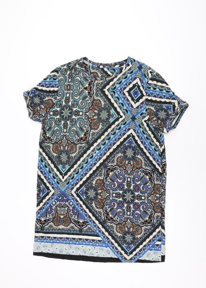 South Womens Blue Geometric Viscose Shift Size 16 Round Neck Pullover