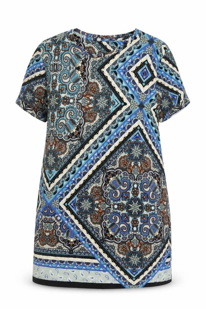 Front view of South women’s blue geometric viscose shift, size UK 16, round neck pullover